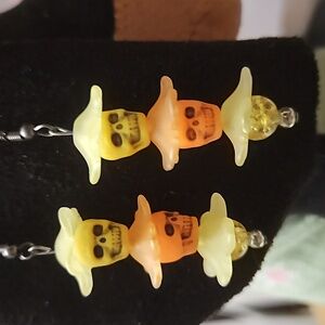 Handmade Skull Pirate Pierced Earrings w/Plastic Orange/ Yellow Skull Bead-NEW